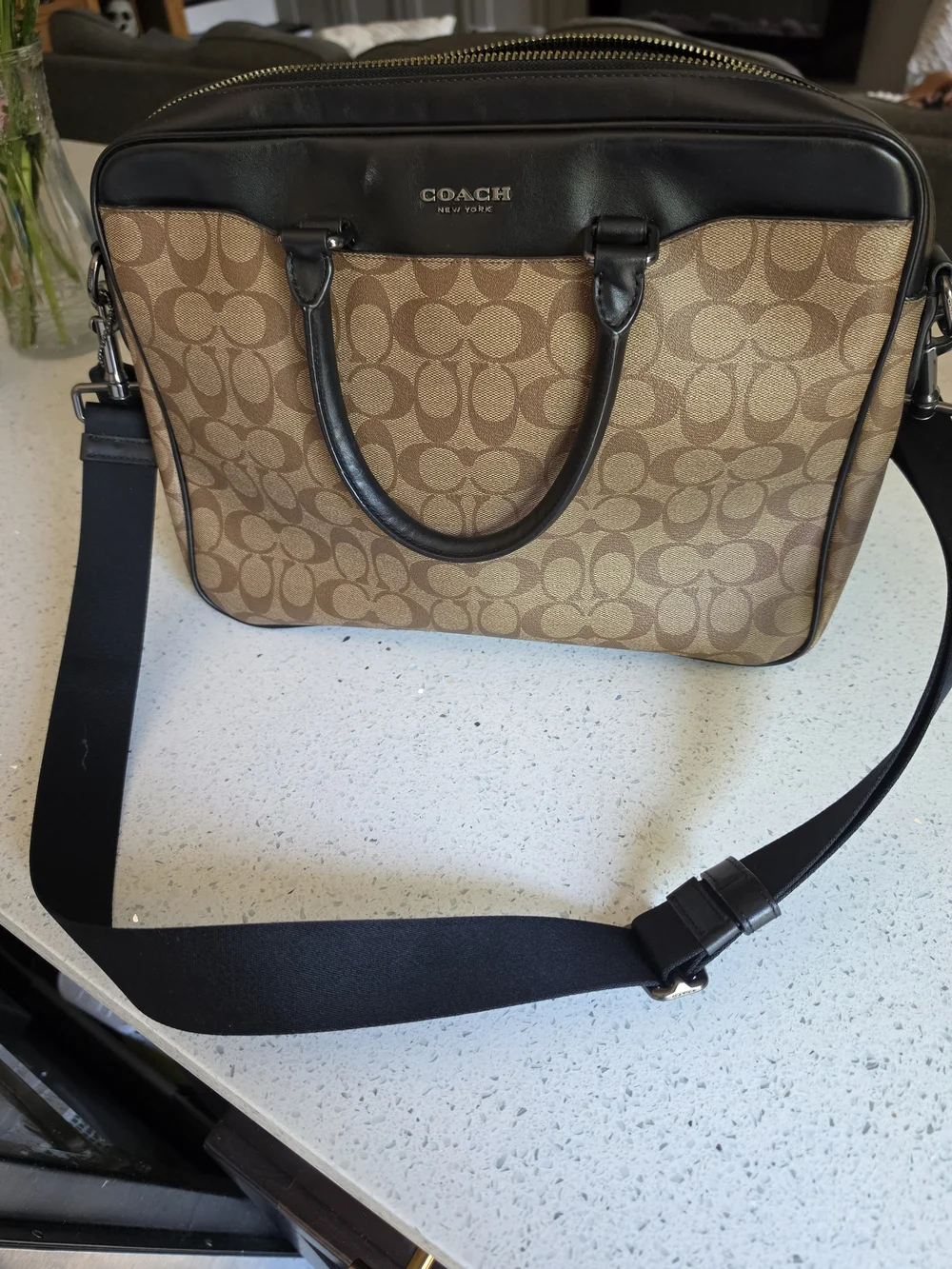 Coach Signature Brown Canvas and Black Leather Laptop Bag